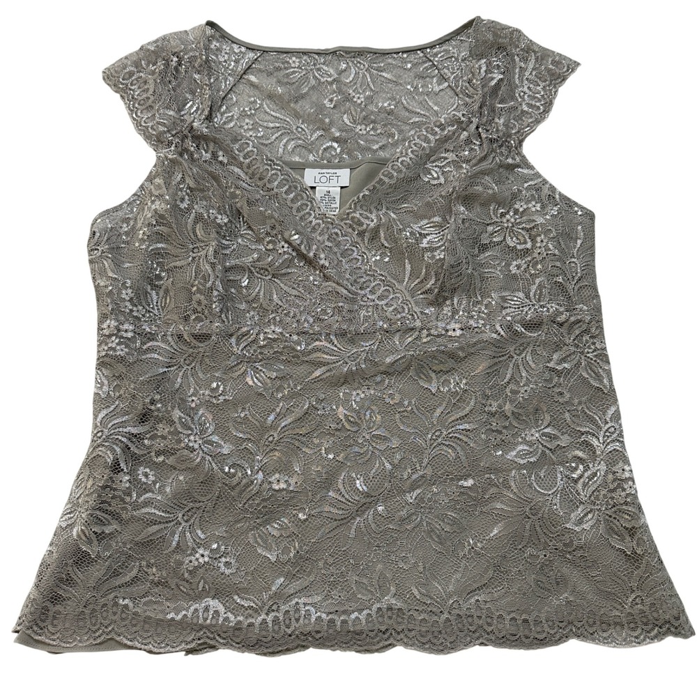 Ann Taylor Metalic Silver Floral Lace Overlay Top Size 14 Cocktail Evening Party
